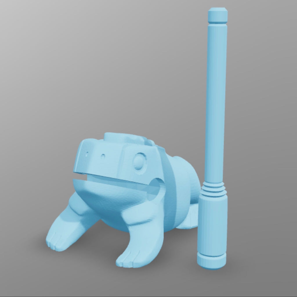 Blue toy frog figurine with musical stick.